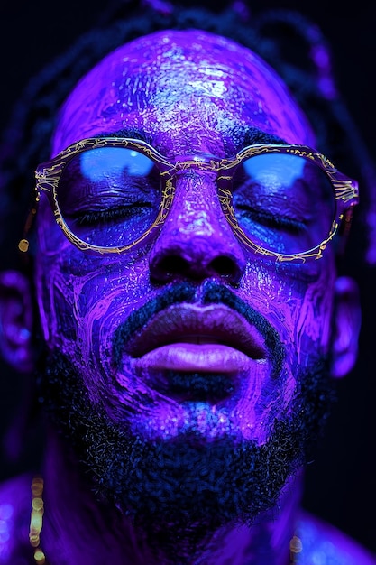 Photo closeup portrait of a man with purple face paint and sunglasses