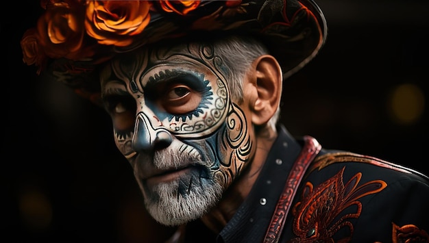 Closeup portrait of a man with sugar skull makeup