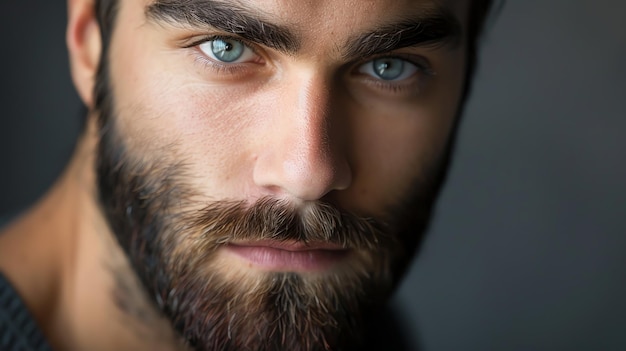 Closeup portrait of a man with a thick beard and intense blue eyes