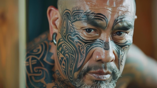 Photo closeup portrait of a man with traditional tribal tattoos on his face and body