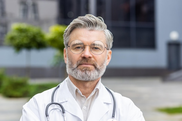 Closeup portrait of mature man in medical coat senior doctor thinking and looking at camera near