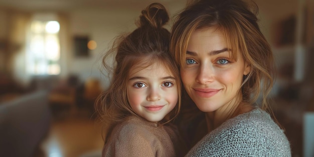 Photo closeup portrait mother and daughter hugging