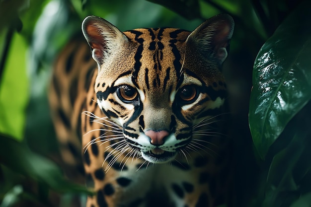 Photo closeup portrait of an ocelot in lush greenery