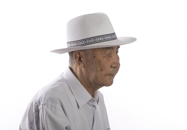 closeup portrait of an old asian man on white studio background