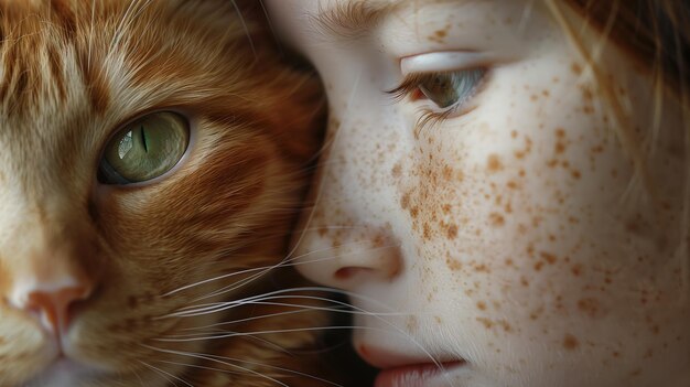 A closeup portrait of an orange cat with white spots next to a young freckled girl