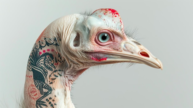 Closeup portrait of an ostrich with intricate tattoos on its neck