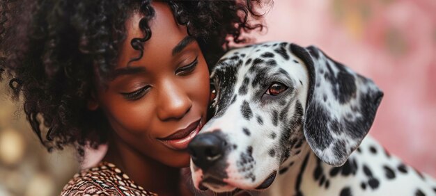 Closeup portrait of overjoyed African American young woman hugging her Dalmatian dog Happy beautiful dark skinned girl with devoted pet Isolated on pink background