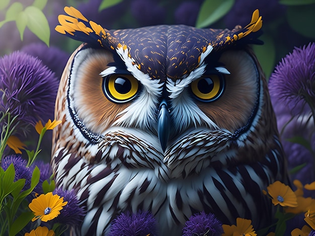 Closeup portrait of an owl with beutiful flowers backgroundAI generated