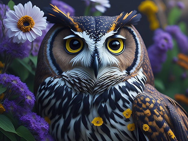 Closeup portrait of an owl with beutiful flowers backgroundAI generated