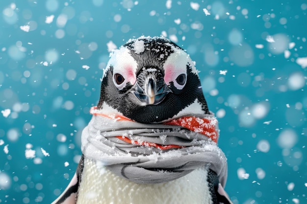 Photo closeup portrait of penguin wearing winter scarf and ski goggles standing on blue background with snow flakes