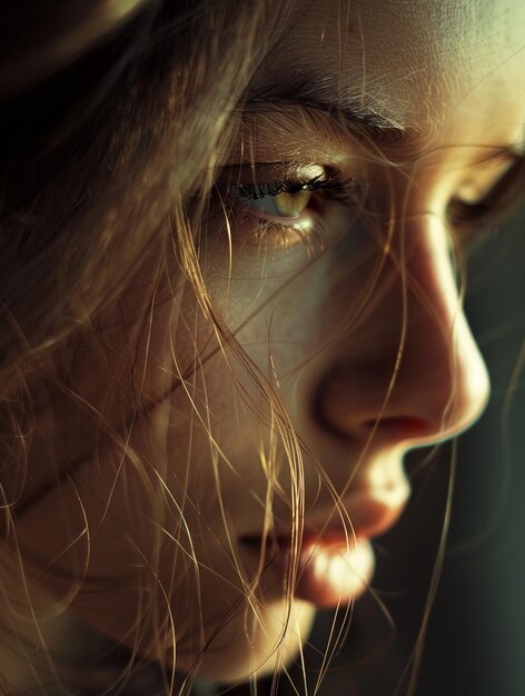 CloseUp Portrait of Pensive Woman with Sunlit Hair