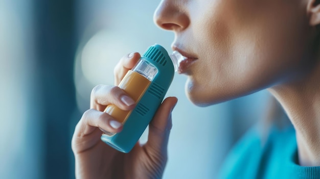 Photo closeup portrait of a person using an inhaler dealing with respiratory problems clean background