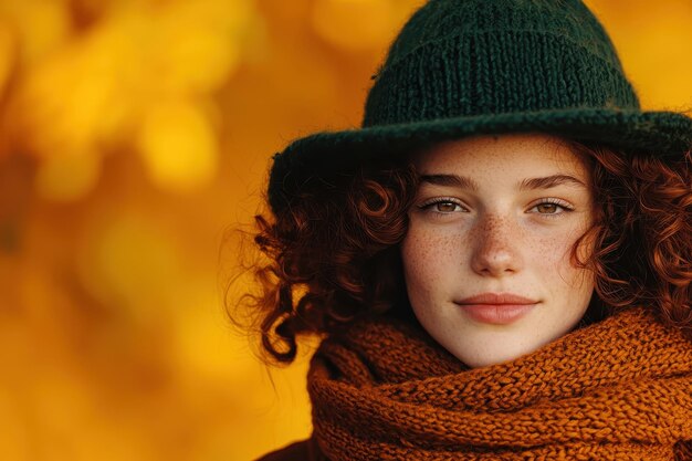 Photo a closeup portrait of a person wearing ecofriendly autumn fashion like a scarf or a hat with a w