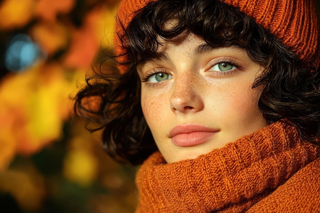 Photo a closeup portrait of a person wearing ecofriendly autumn fashion like a scarf or a hat with a w