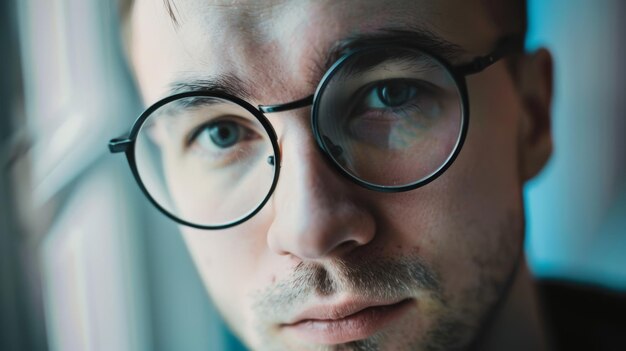 Photo a closeup portrait of a person wearing round glasses with an introspective gaze set against a softly lit background