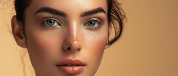 A closeup portrait of a person with bright blue eyes soft freckles and a serene expression set against a warm beige background capturing natural beauty