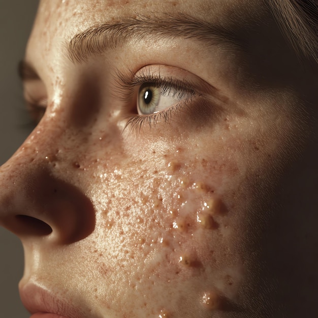 A closeup portrait of a person with visible acne and freckles on their skin showcasing texture acne