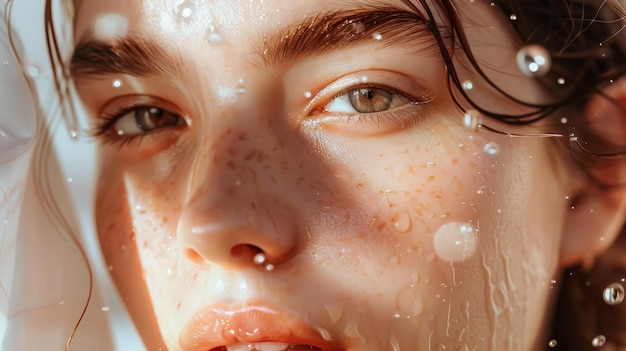 Photo a closeup portrait of a person with wet freckled skin capturing a serene and refreshing moment under natural light and water droplets