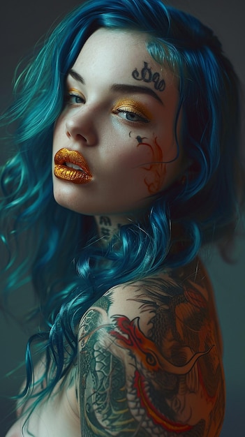 Closeup portrait photography of a beautiful girl with blue hair and metalic makeup