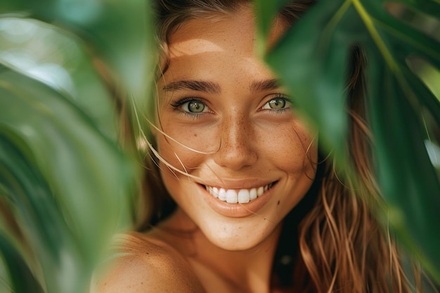 Photo closeup portrait of pretty caucasian young woman smiling with green tropical leaf