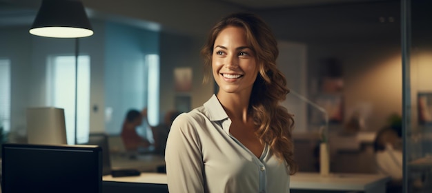 A closeup portrait of a pretty smiling business woman in an office