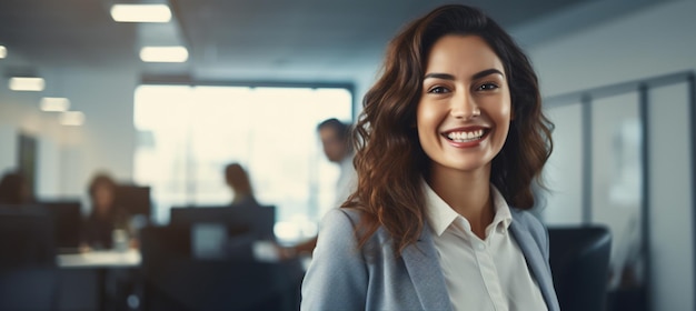 A closeup portrait of a pretty smiling business woman in an office