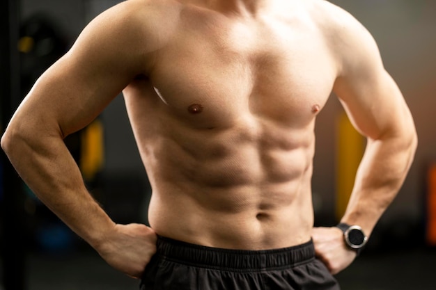 Closeup portrait of pumpedup muscular brutal male body naked torso standing in gym