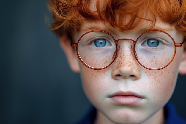 Closeup portrait of a redheaded boy with glasses