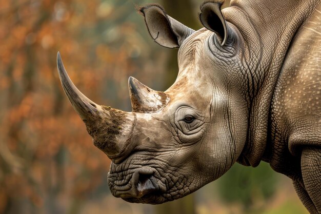 Photo closeup portrait of a rhinoceros in natural habitat