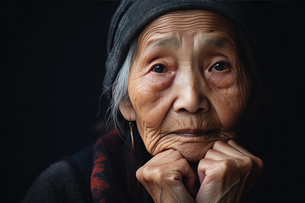 Closeup portrait of senior Asian woman Elderly Asian woman with wrinkles