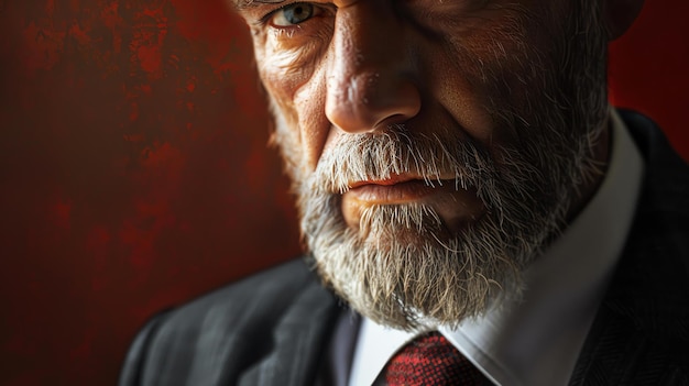 Closeup portrait of a senior man with grey beard and blue eyes looking at the camera with a serious expression