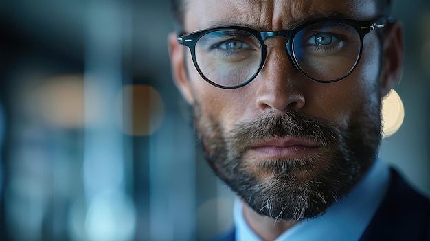 Photo closeup portrait of serious man wearing glasses