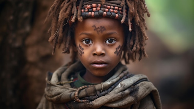 Closeup Portrait of a small serious boy with dreadlocks from the Arbore tribe looking at the camera in Ethiopia