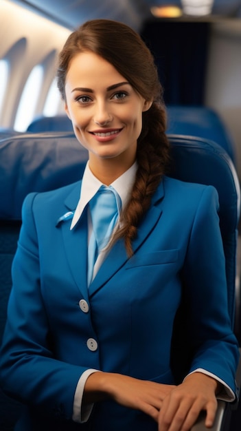 Closeup Portrait of a smiling Flight attendant wearing a blue uniform Sitting on an armchair on an Economy Class plane Airline Travel Service Transport Aircrew Profession Concepts