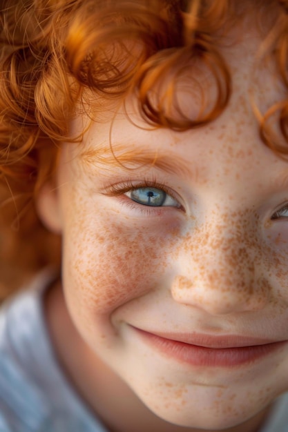 Closeup portrait of a smiling redhead pretty little girl with blue eyes