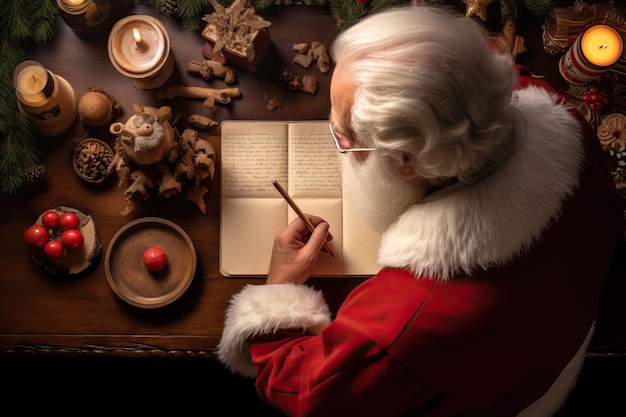 Closeup portrait of smiling Santa Claus sits at the table and writes a letter to the children