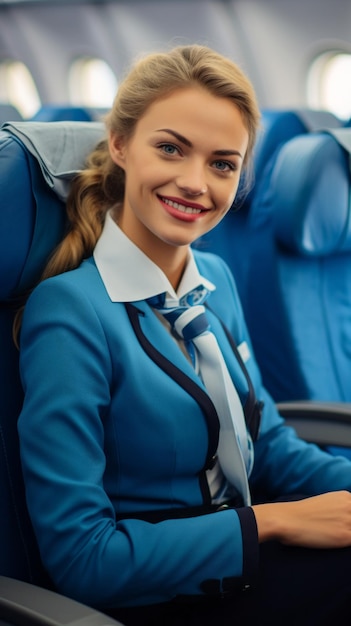 Closeup Portrait of a smiling Stewardess wearing a blue uniform Sitting on an armchair in an Economy Class plane Airline Travel Service Transport Aircrew Profession Concepts