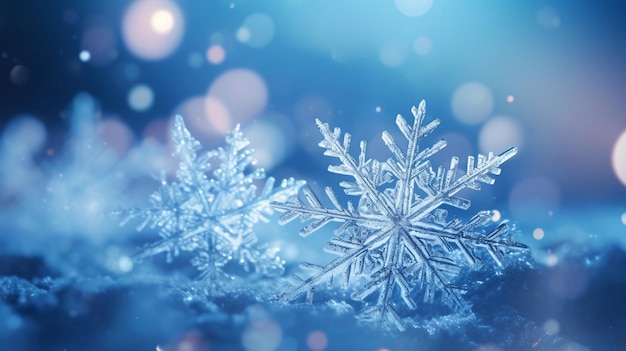 closeup portrait of Snowflakes against winter night background AI generated