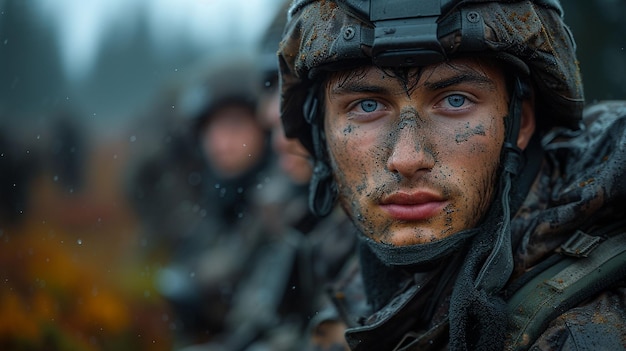 Closeup Portrait Of A Soldier In Camouflage During Military Training