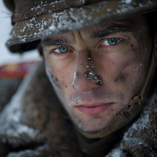 Photo closeup portrait of a soldier in the snow