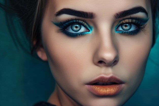 Closeup portrait of a stunning woman with turquoise blue eyeshadow and striking eyelashes