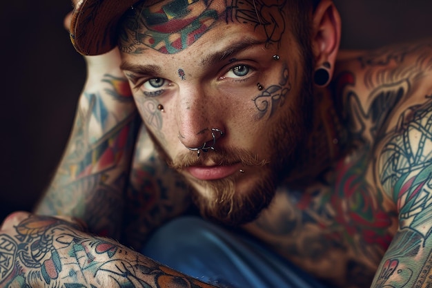 A closeup portrait of a tattooed man with multiple piercings Men with tattoos and piercings exuding a rebellious vibe