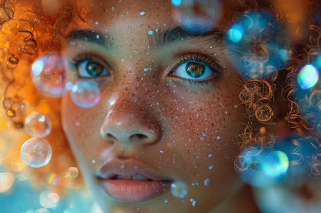 Closeup portrait of a teenager surrounded by soap bubbles and bokeh lights