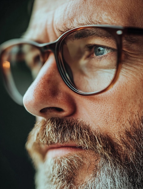 CloseUp Portrait of Thoughtful Mature Man with Glasses and Beard