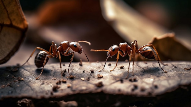 A closeup portrait of three ants working together Generative AI