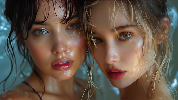 Closeup portrait of two young beautiful women with wet hair