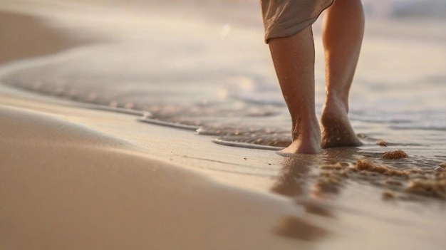 closeup portrait of walking barefoot on beach sand with space for text AI generated