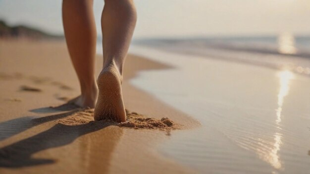 closeup portrait of walking barefoot on beach sand with space for text AI generated