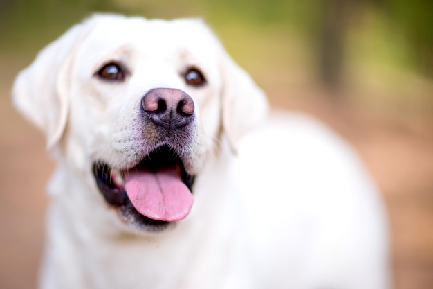 Closeup portrait of white labrador in park