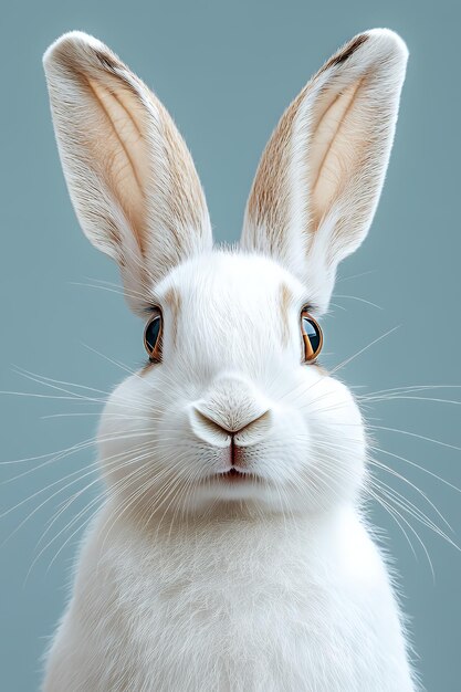 Photo closeup portrait of a white rabbit with big ears and whiskers looking straight at the camera